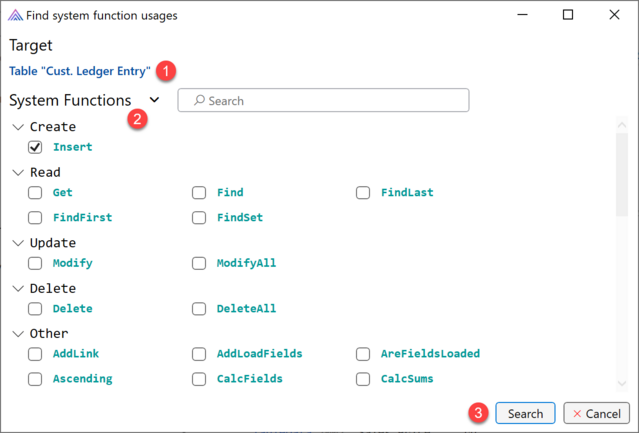 Prism for AL: Select system functions to search for