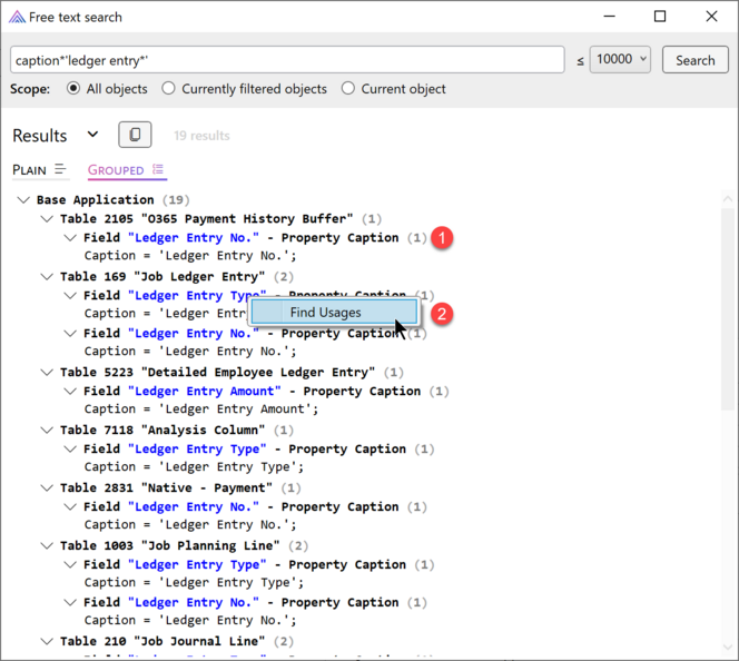 Prism for AL: Free text search grouped view