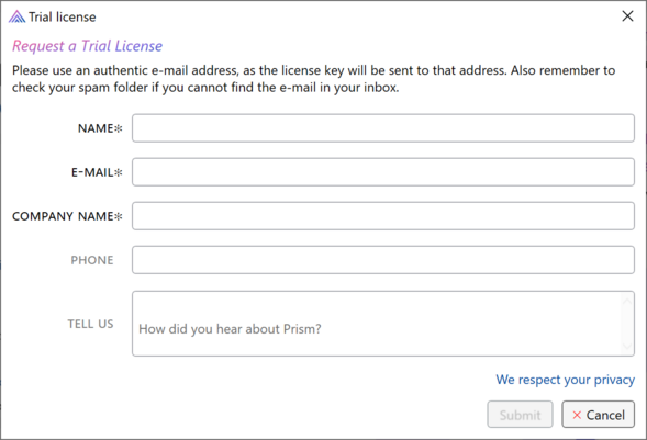 Prism for AL: Request trial license window