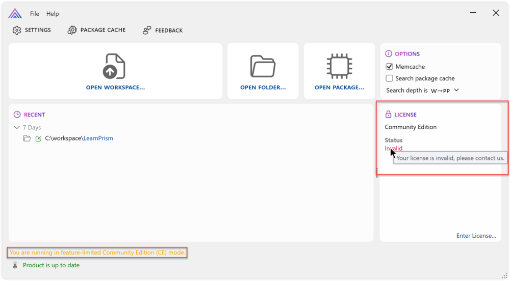 Prism for AL control panel with license issue