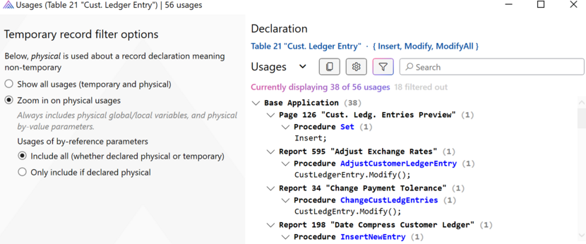 Prism for AL: Find system function usages result. Filter table functions usages to where the table is non-temporary.