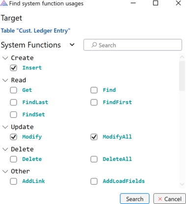 Prism for AL: Select system functions to find usages of