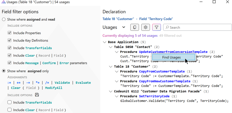 Prism for AL: Find usages and filter to where a field is assigned a value