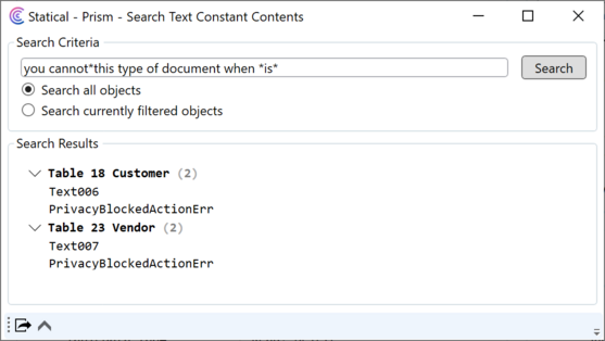 Prism for C/AL: Search text constants