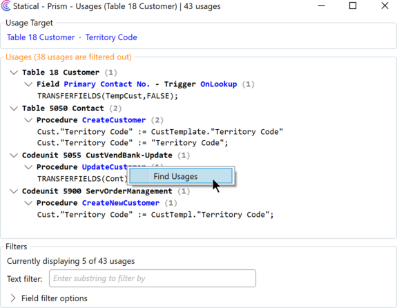 Prism for C/AL: find usages