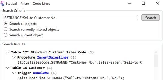 Prism for C/AL: Search code lines